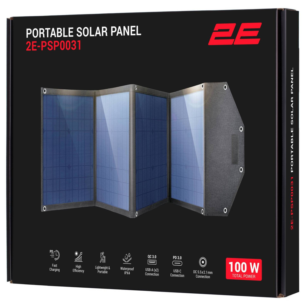 Портативна сонячна панель 2E 100W charger, DC, USB-С PD45W, USB-A 18W, USB-A 12W (2E-PSP0031)