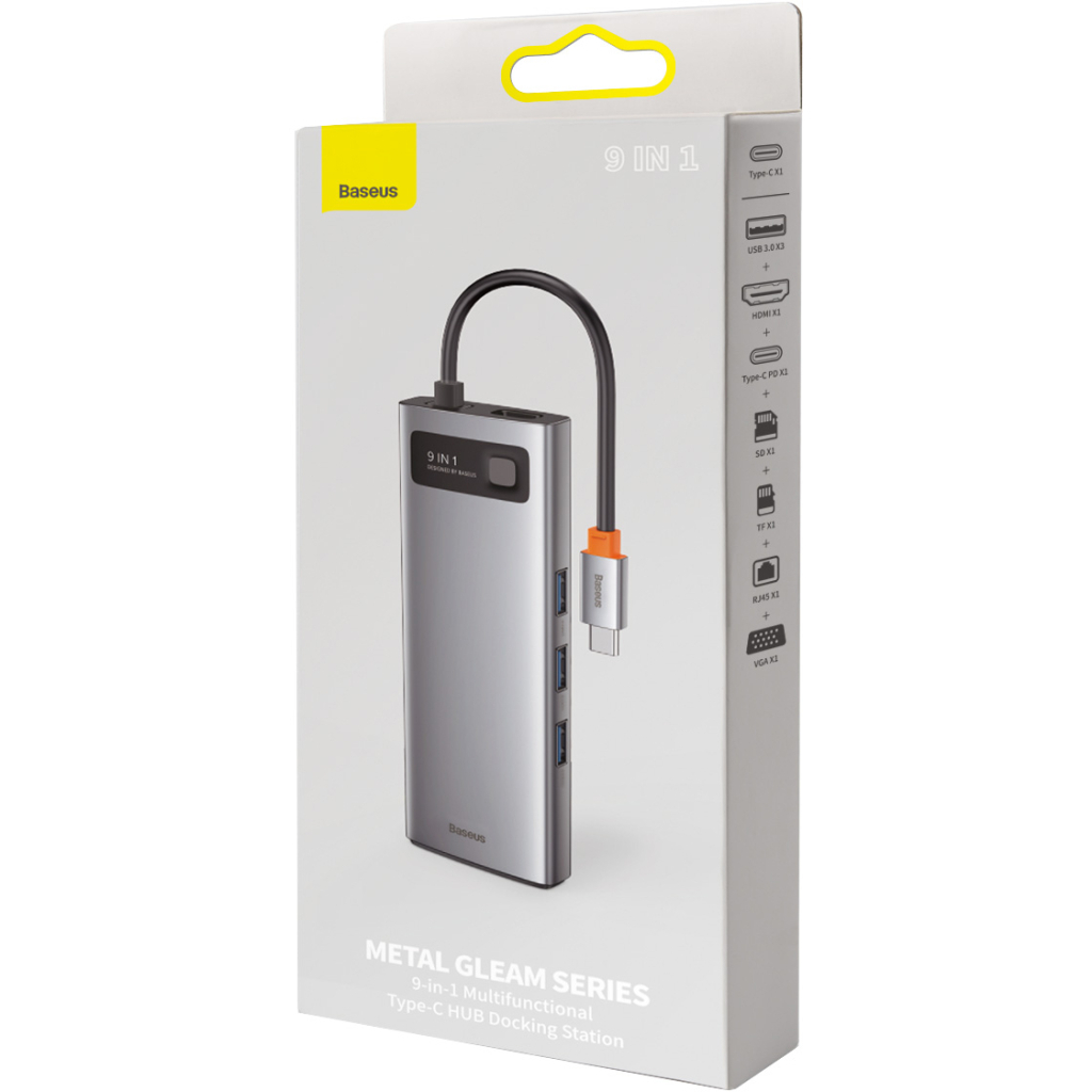 Концентратор Baseus USB3.1 Type-C to USB C(PD)100W/HDMI 4K 30Hz/VGA/USB3.2/RJ45/SD+TF,9in1 Grey (CAHUB-CU0G)