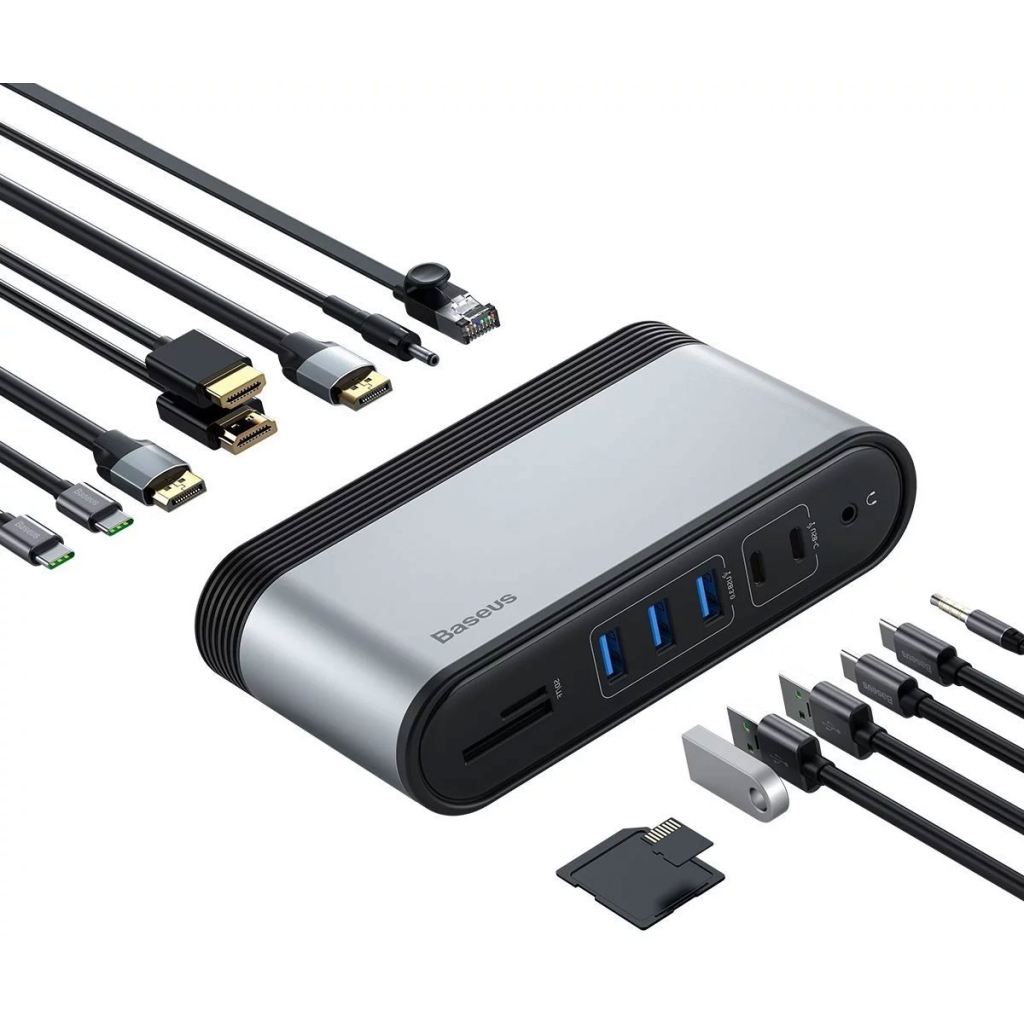 Концентратор Baseus USB3.2 Type-C to 2xHDMI/2xDP/2xUSB-C/3xUSB/RJ45/SD/TRRS 3.5mm/PD 100W + PA 16 in 1 (CAHUB-HG0G)