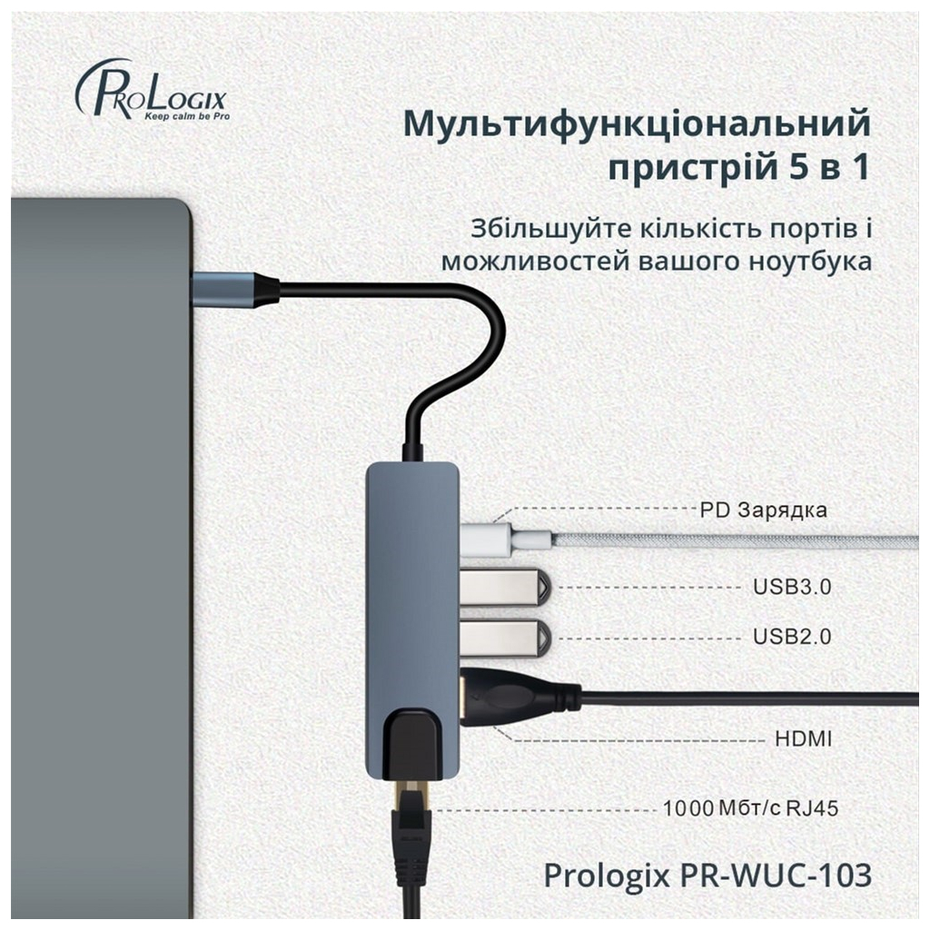 Концентратор ProLogix USB3.1 Type C to HDMI+2*USB3.0+USB C PD+Lan (PR-WUC-103B)