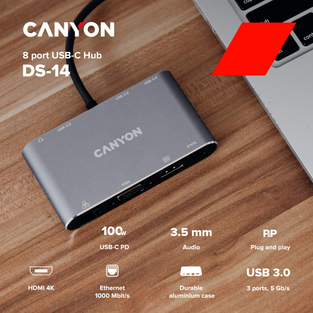 Концентратор Canyon 8-in-1 USB-C (CNS-TDS14)