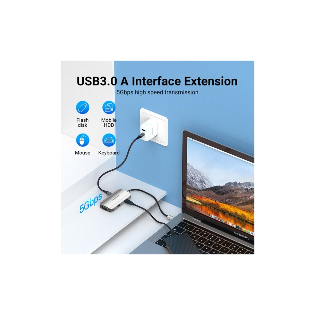 Концентратор Vention USB3.1 Type-C --> HDMI/VGA/USB 3.0/PD 100W Hub 4-in-1 (TOAHB)