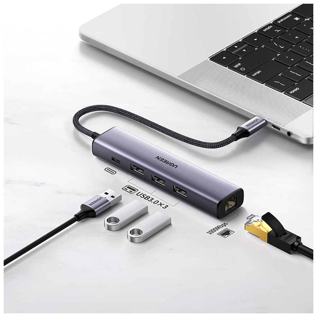 Концентратор Ugreen USB 3.0 Type-C to 3xUSB 3.0 + RJ45 1000M CM475 grey (20932)