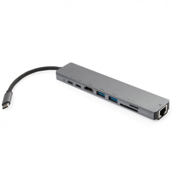 Концентратор Vinga Type-C to 4K HDMI+2*USB3.0+GigabitLAN+SD+PD+USB-C SS aluminium (VCPATC2U3CRLNHIPDGR)