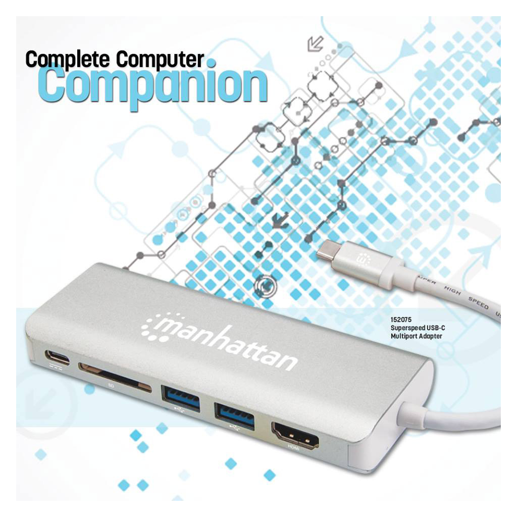 Концентратор Intracom USB3.1 Type-C to HDMI/USB 3.0x2/RJ45/SD/PD 60W Hub 7-in-1 Manhattan (152075)