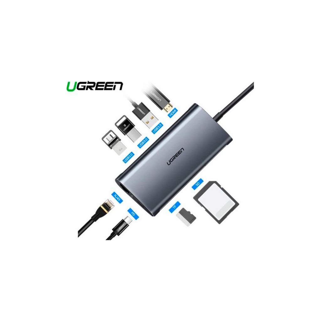 Концентратор Ugreen USB3.0 Type-C to USB 3.0x3/HDMI/RJ45/SDTF/PD CM121 (50538)