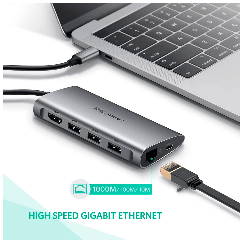 Концентратор Ugreen USB3.0 Type-C to USB 3.0x3/HDMI/RJ45/SDTF/PD CM121 (50538)