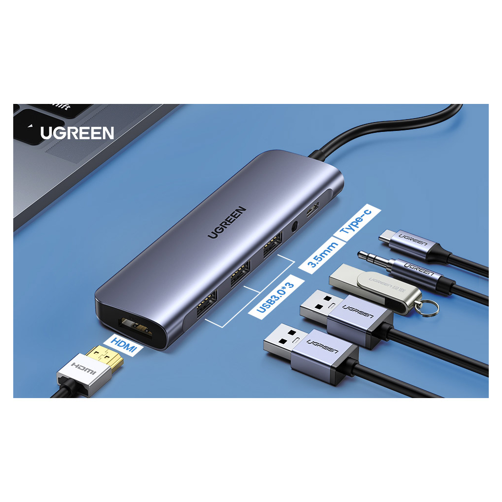 Концентратор Ugreen USB3.0 Type-C to USB 3.0x3/HDMI/jack 3.5mm/PD CM136 (80132)