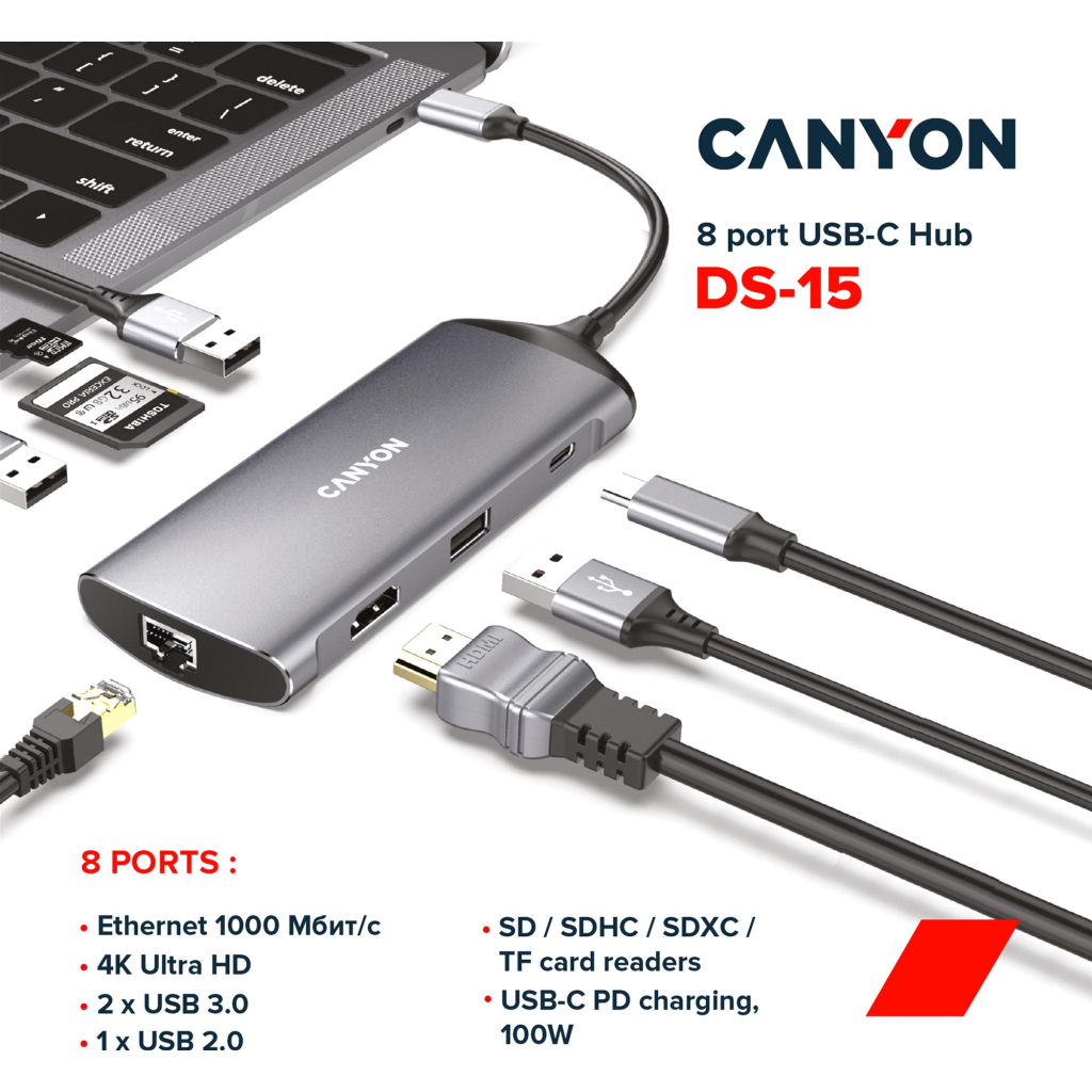 Концентратор Canyon 8-in-1 USB-C (CNS-TDS15)