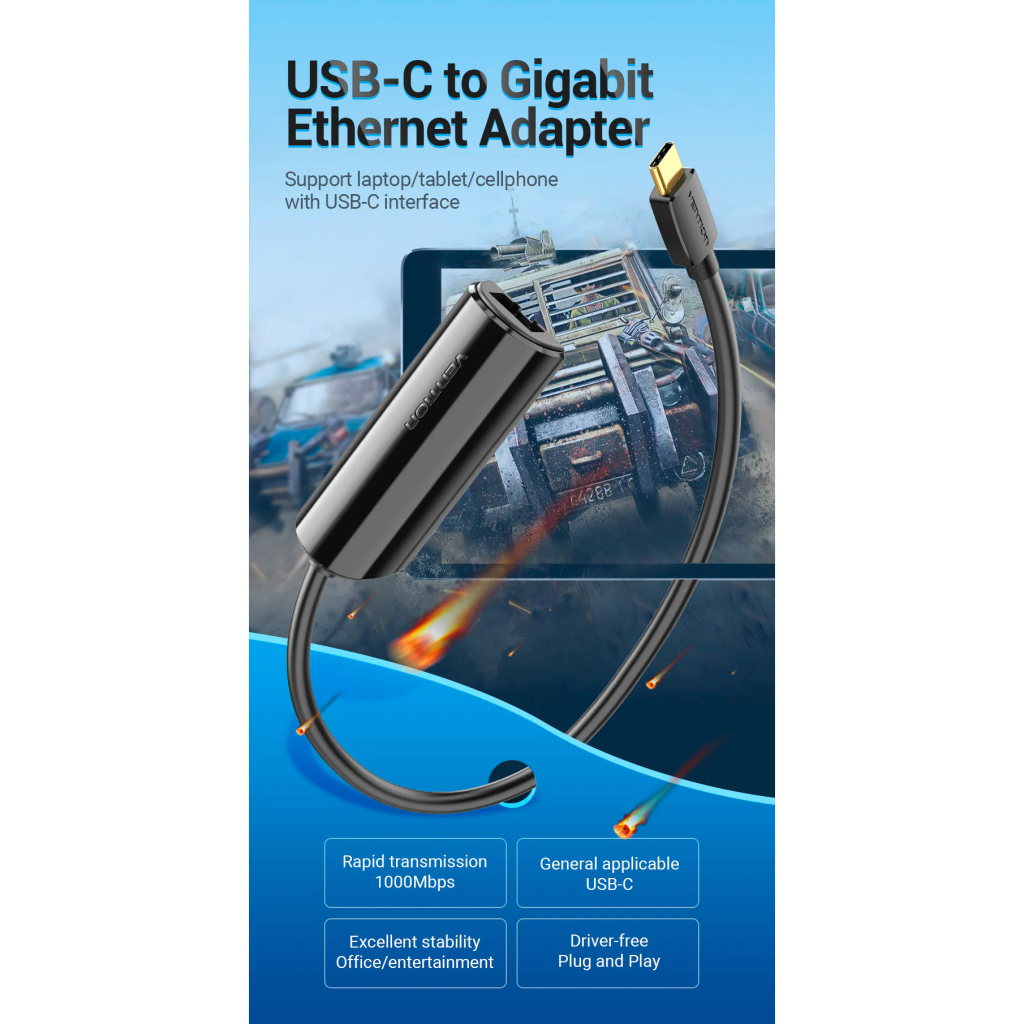 Перехідник USB3.1 Type-C to Ethernet RJ45 1000 Mb Gigabit Vention (CFBBB)