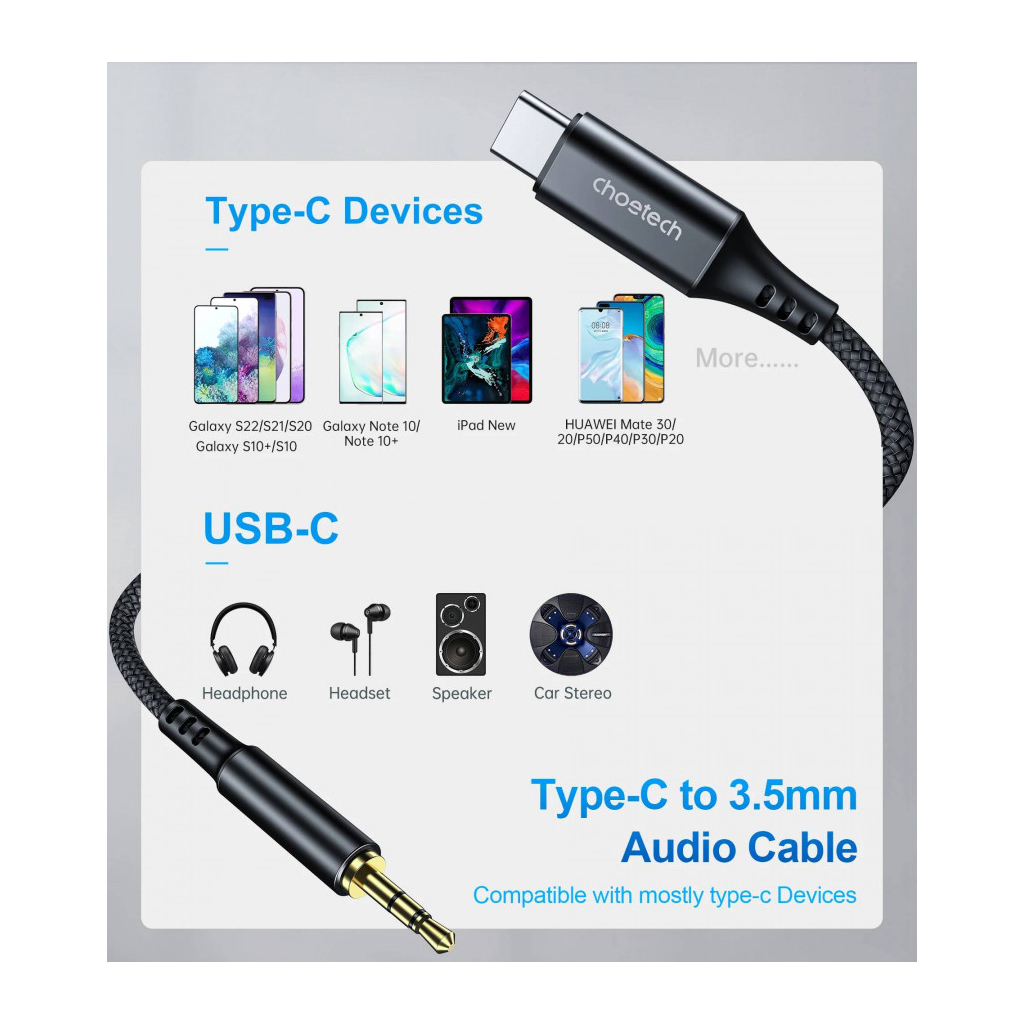 Кабель мультимедійний AUX USB-C to TRS Audio 3.5mm M/M DAC Chip 96kHz 1.0m black Choetech (AUX006)