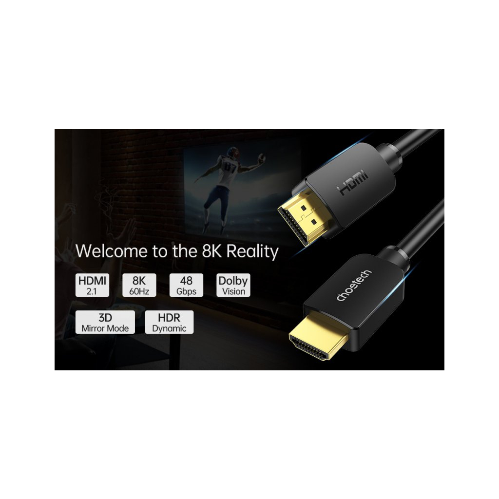 Кабель мультимедійний HDMI to HDMI 2.0m V.2.1 8K 60Hz HDR10 HLG 48Gbps YUV 444 Choetech (XHH-TP20)