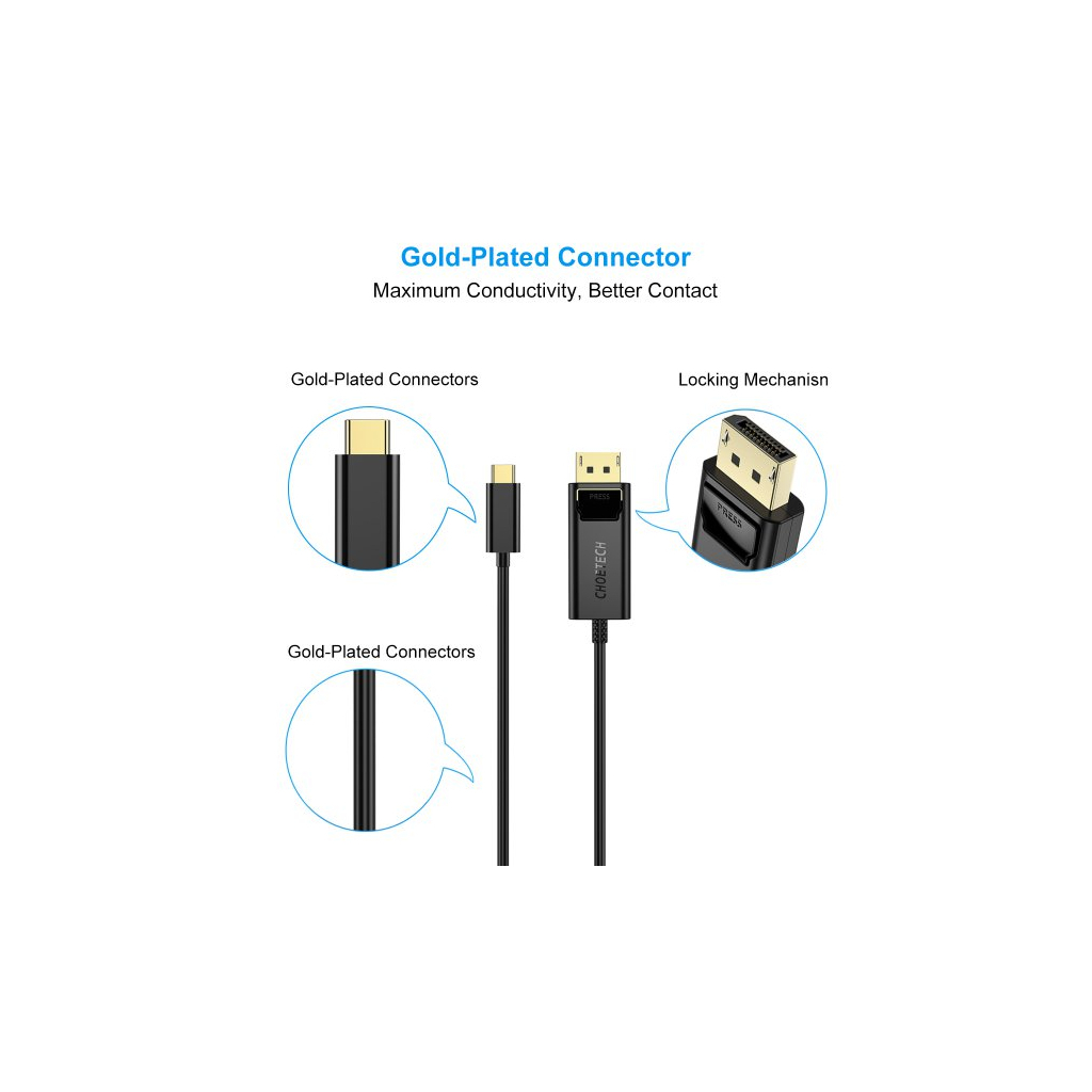 Кабель мультимедійний USB-C to DisplayPort 1.8m 4K 60Hz Choetech (XCP-1801BK)