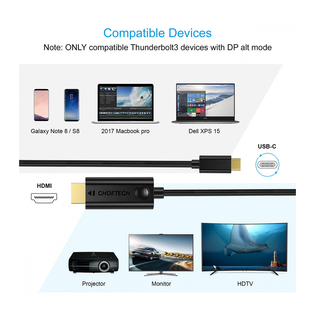 Кабель мультимедійний USB-C to HDMI 3.0m USB 3.1 Thunderbolt 3 Choetech (XCH-0030)