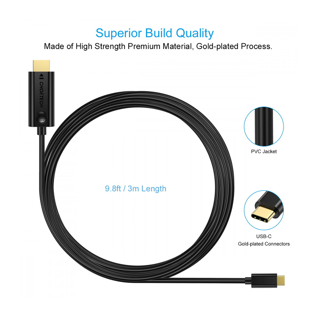 Кабель мультимедійний USB-C to HDMI 3.0m USB 3.1 Thunderbolt 3 Choetech (XCH-0030)