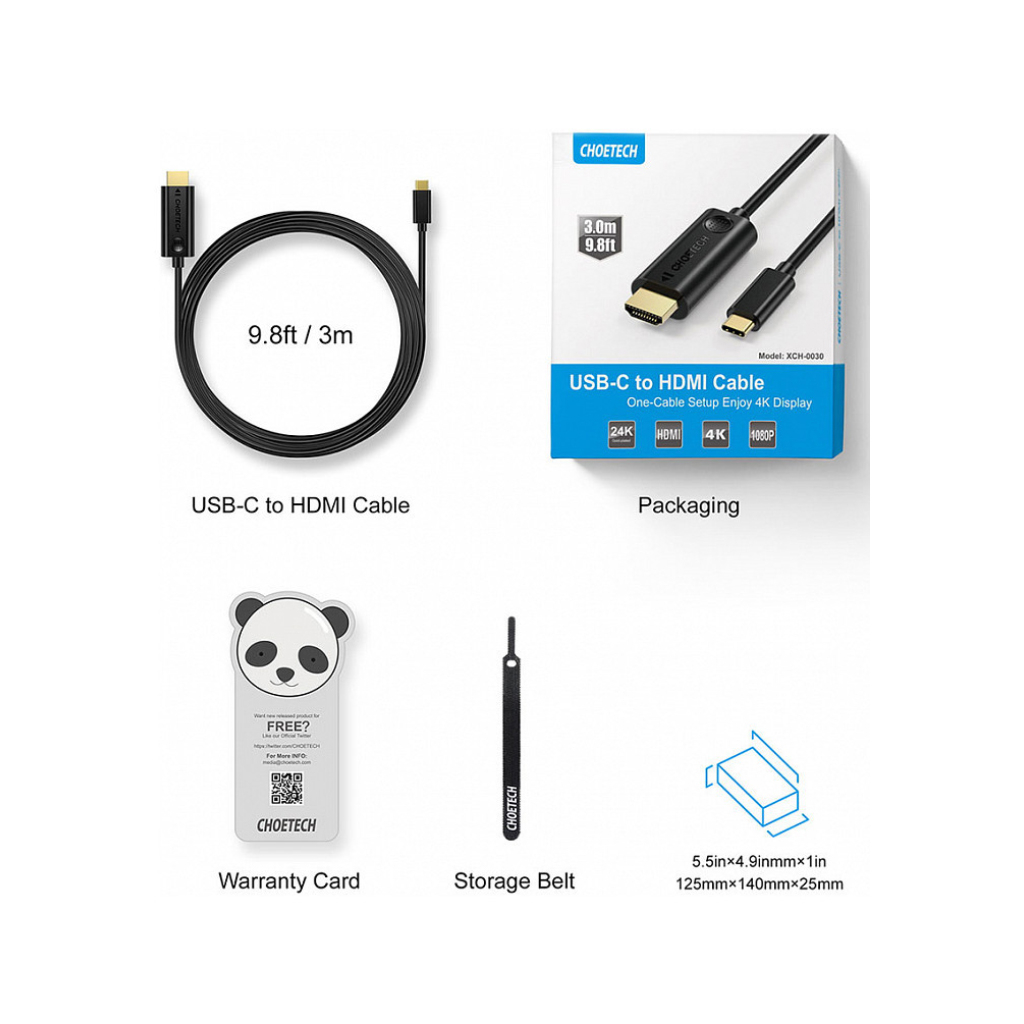 Кабель мультимедійний USB-C to HDMI 3.0m USB 3.1 Thunderbolt 3 Choetech (XCH-0030)