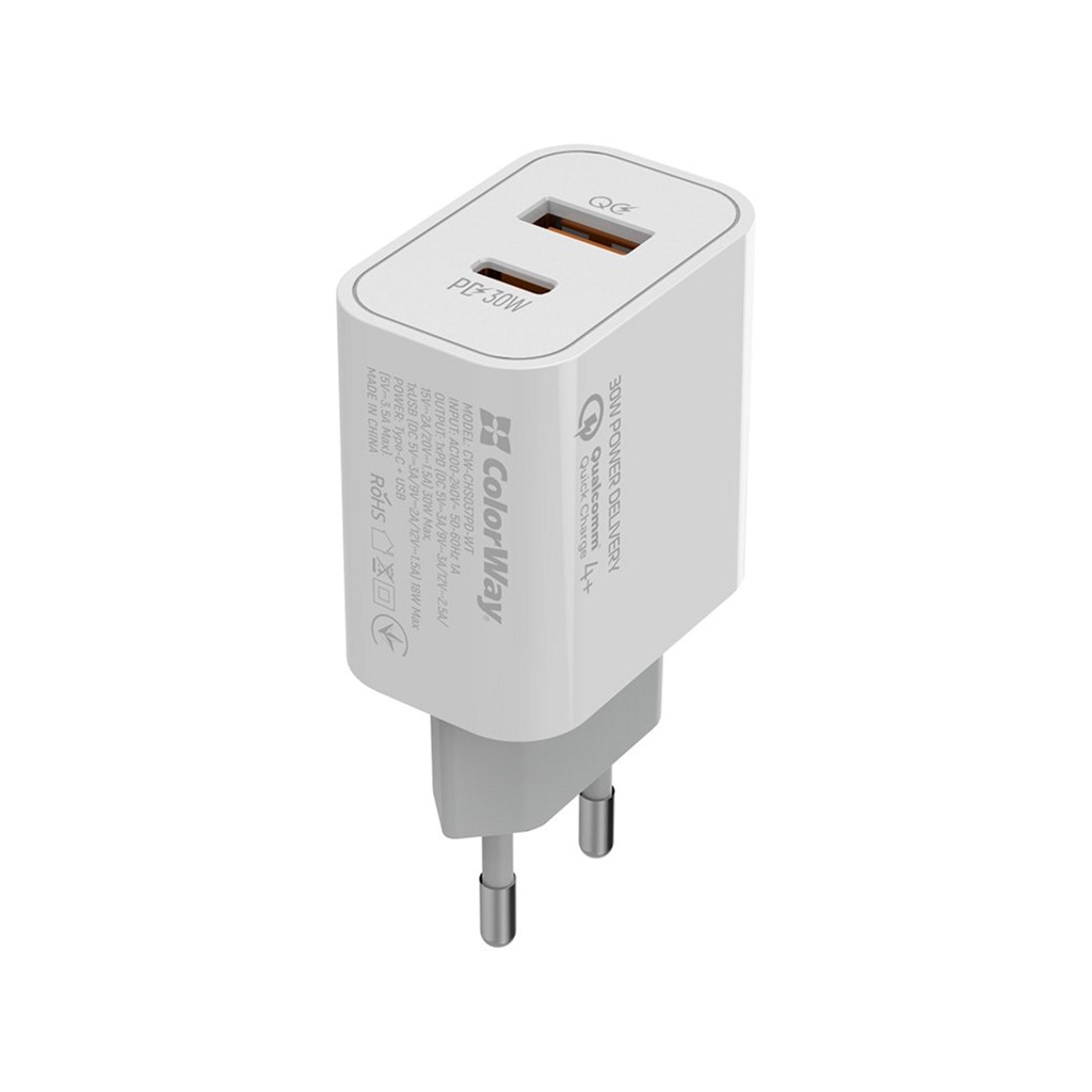 Зарядний пристрій ColorWay PD Port PPS USB (Type-C PD + USB QC3.0) (30W) (CW-CHS037PD-WT)