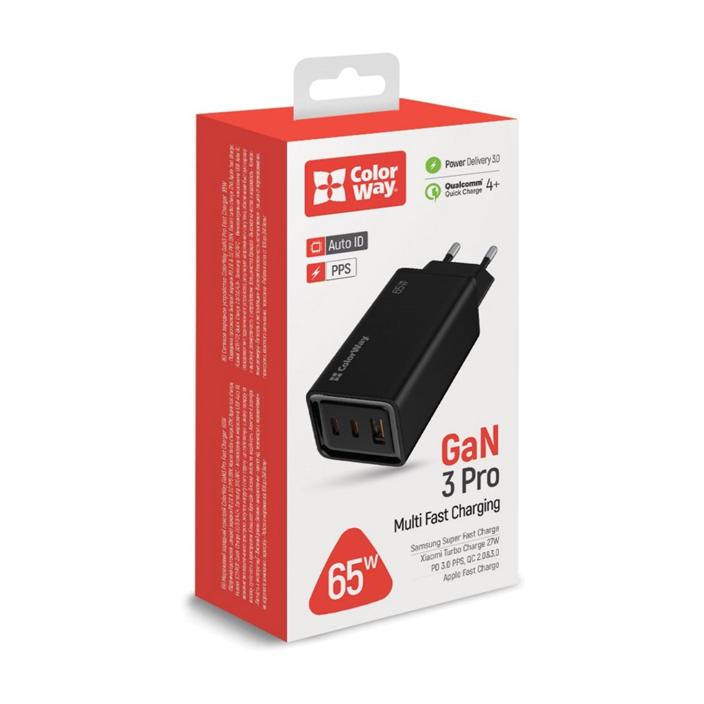 Зарядний пристрій ColorWay GaN3 Pro Power Delivery (USB-A + 2 USB TYPE-C) (65W) (CW-CHS039PD-BK)