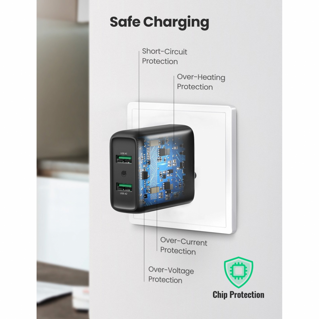 Зарядний пристрій Ugreen CD161 36W 2xUSB QC 3.0 Charger (Black) (10216)