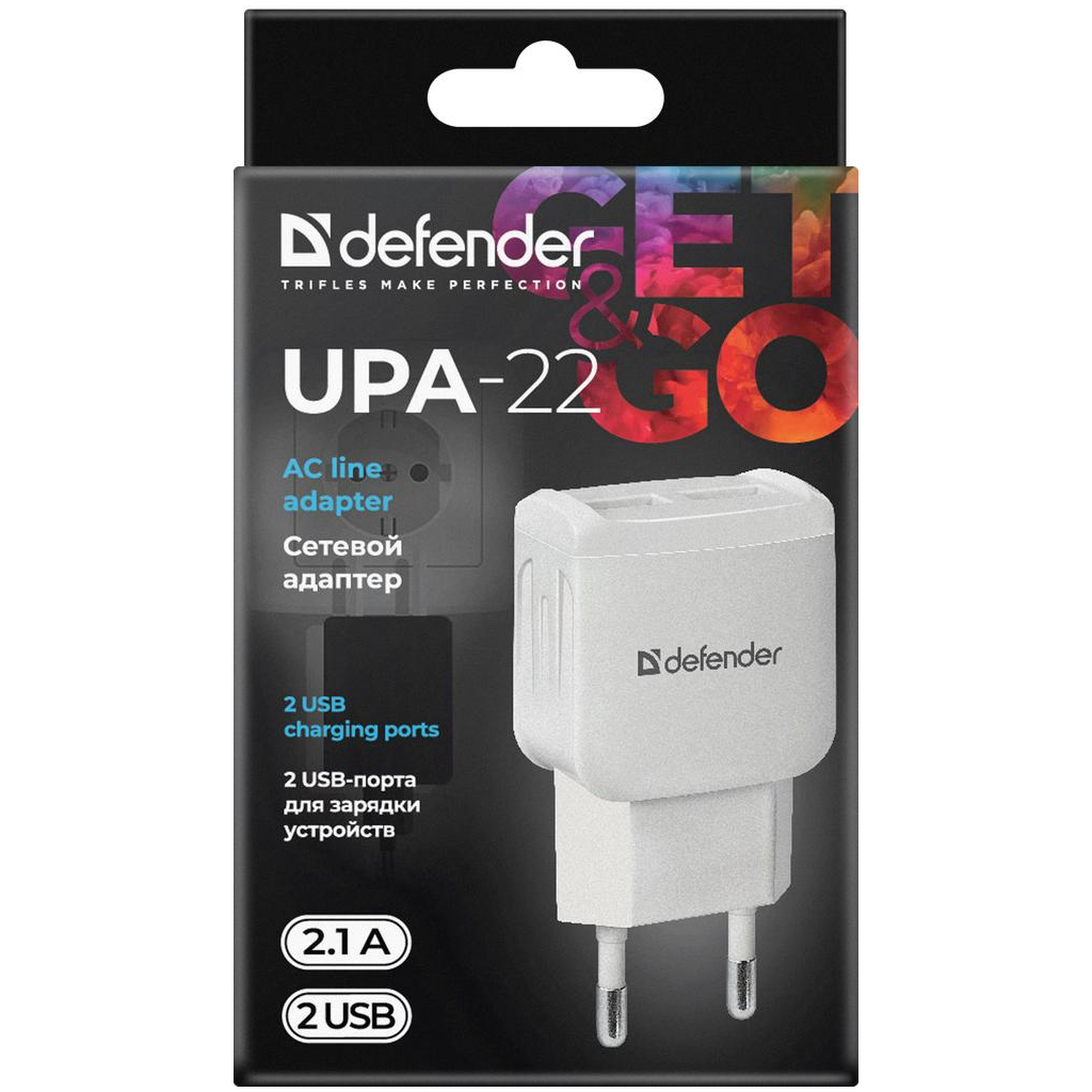 Зарядний пристрій Defender UPA-22 white, 2xUSB, 2.1A (83580)