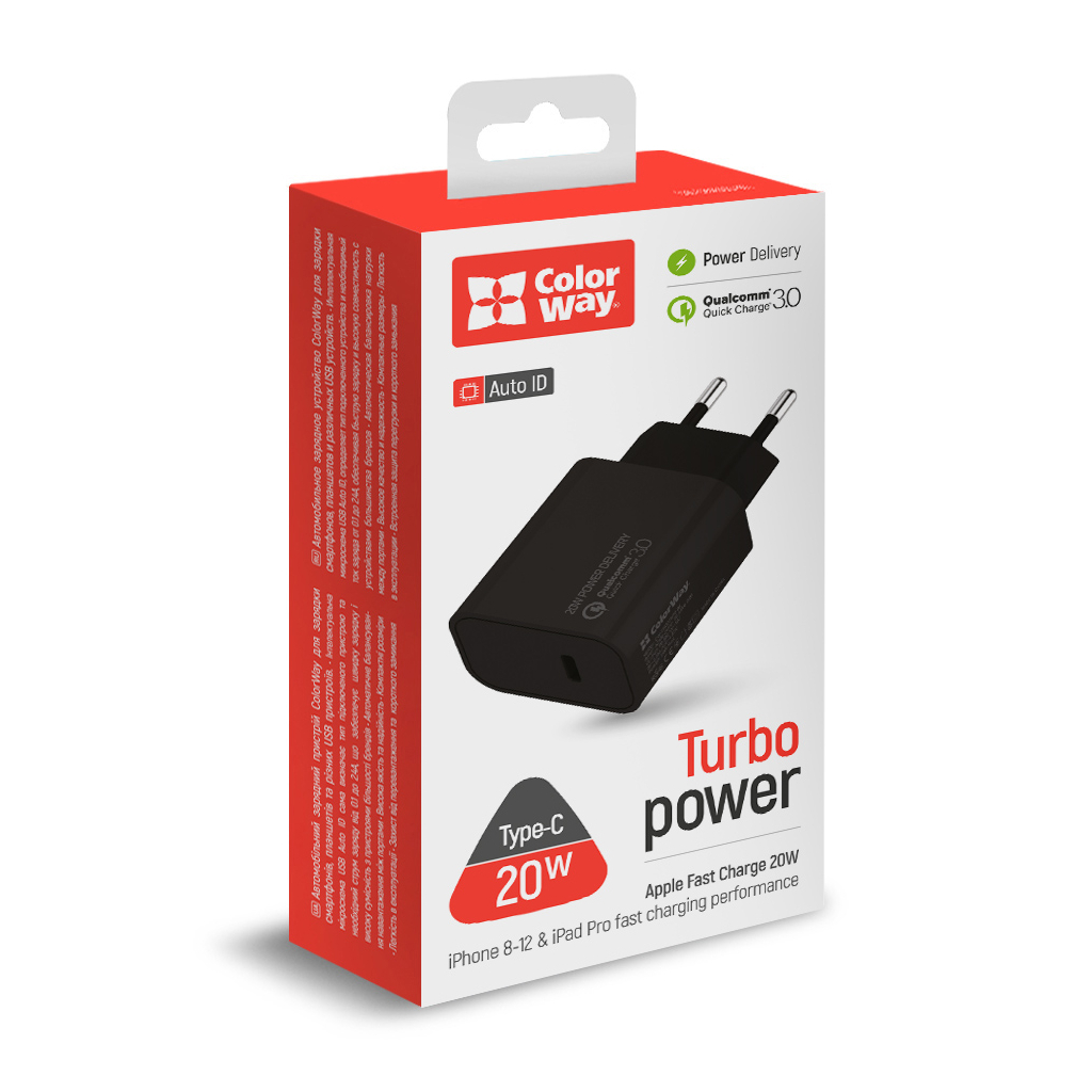 Зарядний пристрій ColorWay Power Delivery Port USB Type-C (20W) V2 black (CW-CHS026PD-BK)