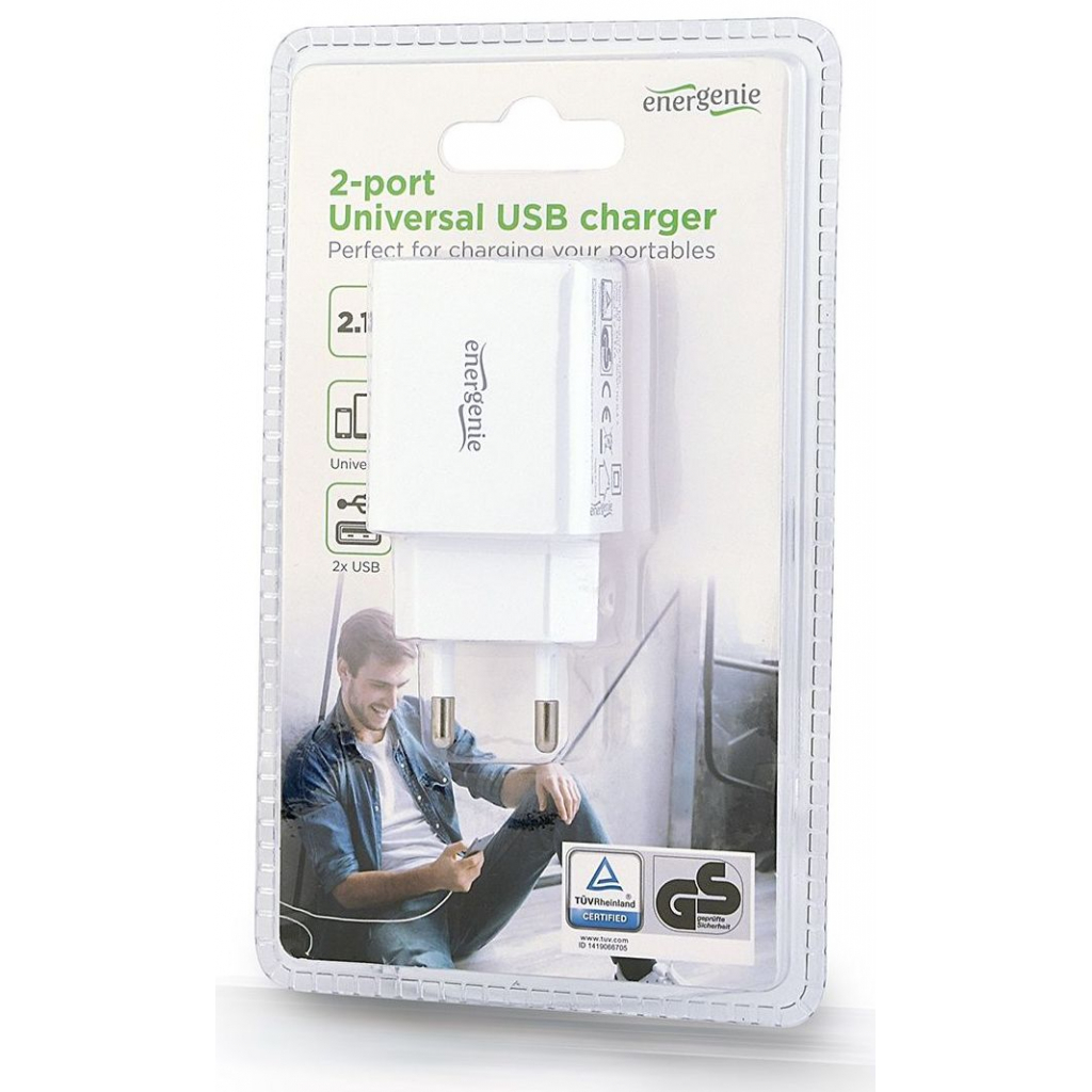 Зарядний пристрій EnerGenie USB 2.1A, white (EG-U2C2A-03-W)