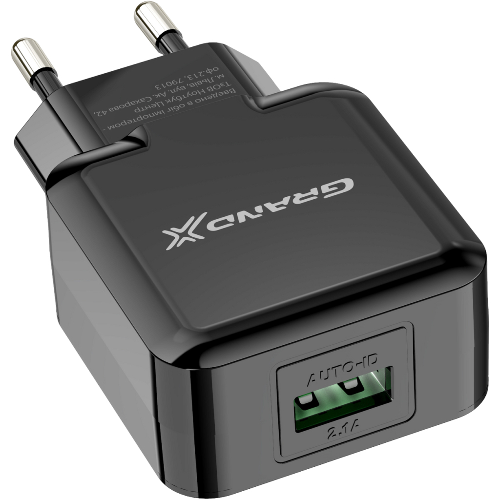 Зарядний пристрій Grand-X 1*USB, 2,1A, Black, + cable USB -> Lightning, Cu, 2.1А, 1m (CH03LTB)