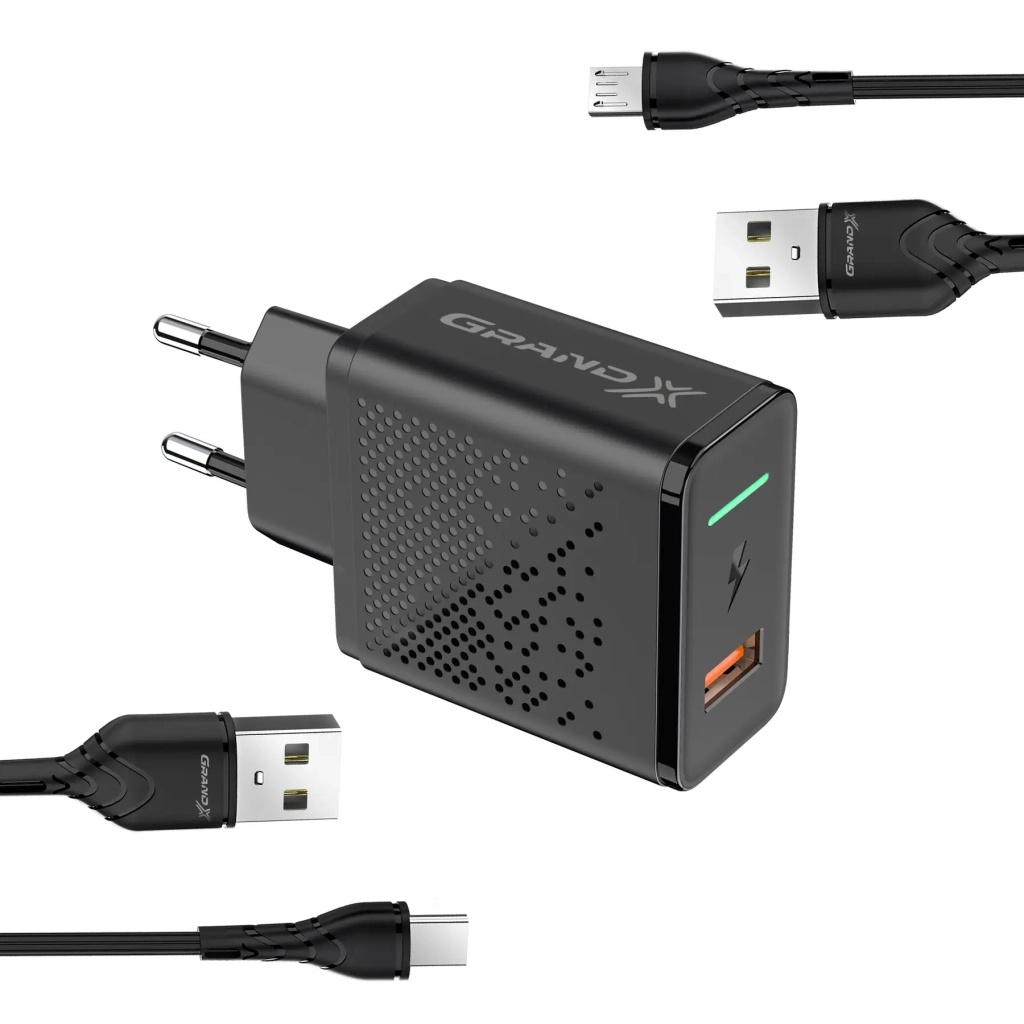 Зарядний пристрій Grand-X QC3.0 18W + microUSB + Type-C cables (CH-650MT)