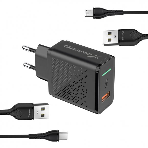 Зарядний пристрій Grand-X QC3.0 18W + microUSB + Type-C cables (CH-650MT)