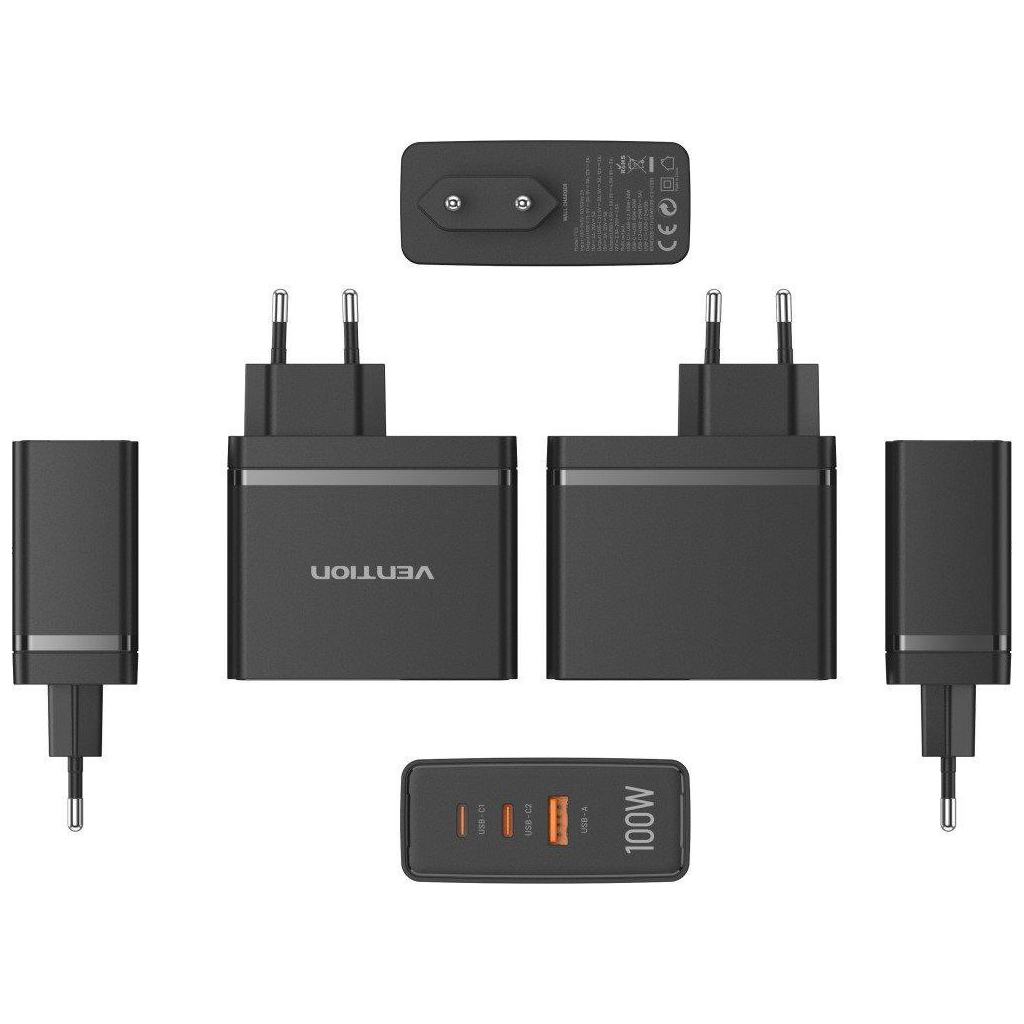 Зарядний пристрій Vention 3xUSB 100W GaN (2хUSB-C+USB-A) black (FEGB0-EU)