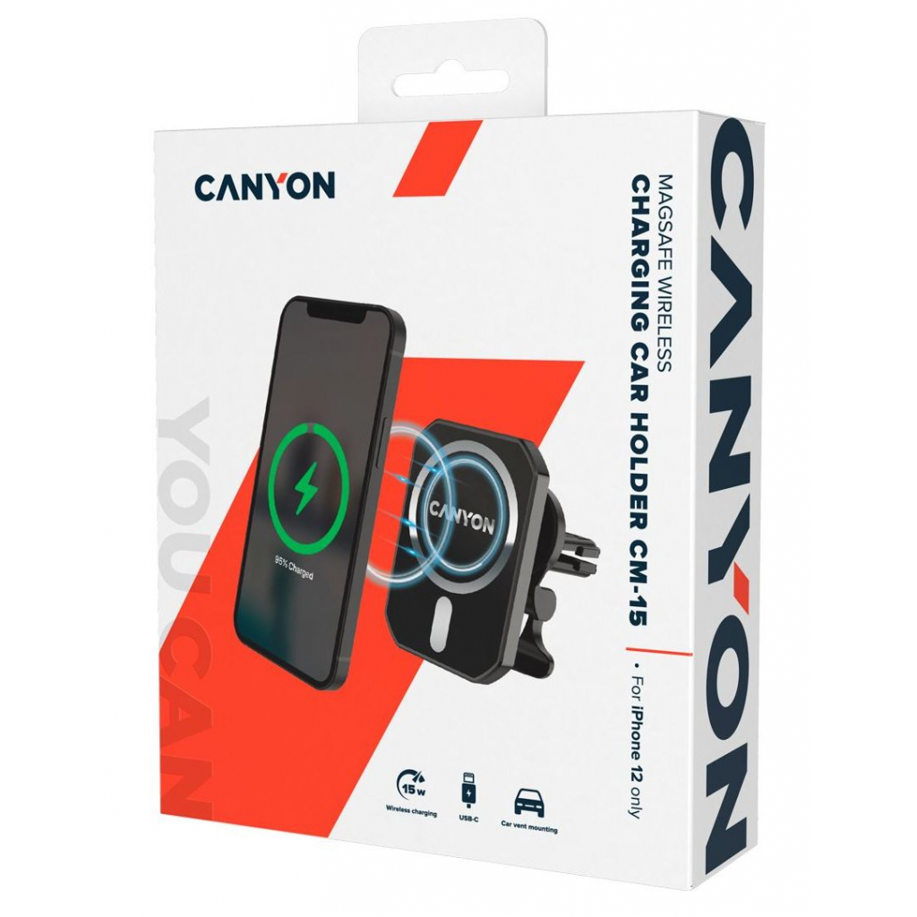 Універсальний автотримач Canyon Magnetic car holder and wireless charger, C-15-01, 15W (CNE-CCA15B01)