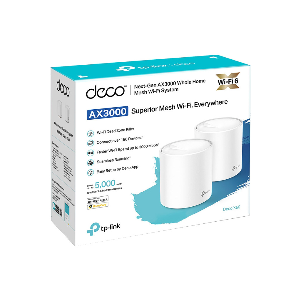 Точка доступу Wi-Fi TP-Link DECO X60 2PK AX3000 1xGE LAN 1xGE WAN MU-MIMO OFDMA MESH (DECO-X60-2-PACK)