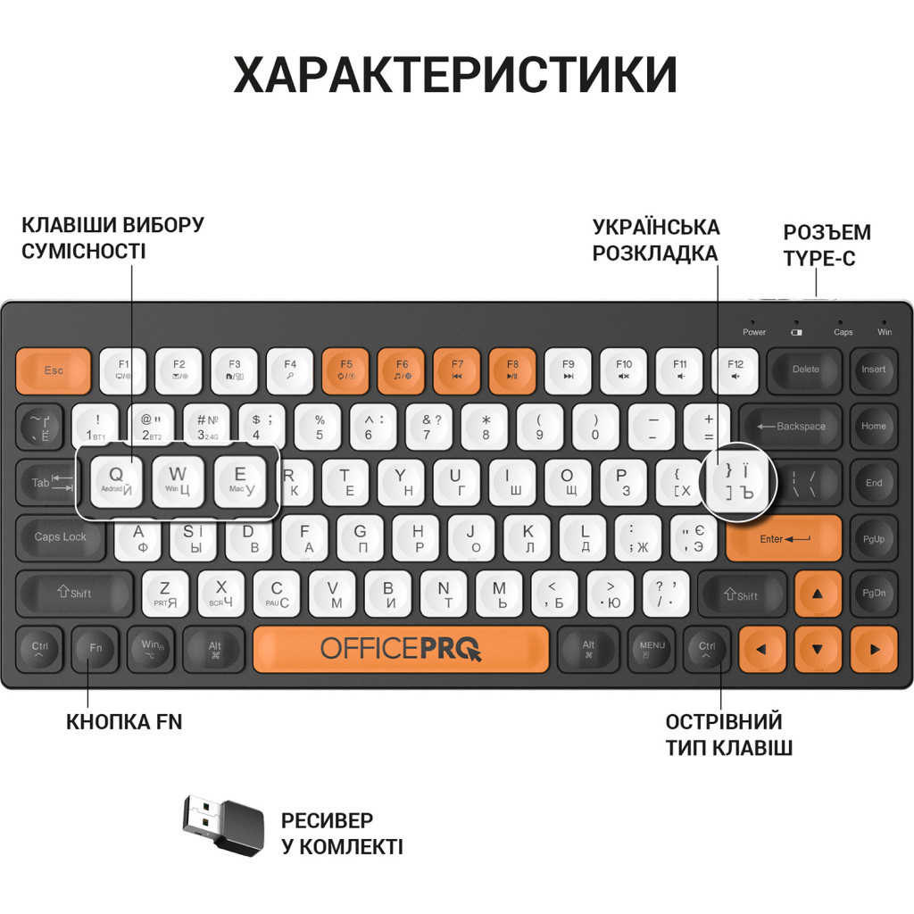 Клавіатура OfficePro SK955B Wireless/Bluetooth Black (SK955B)