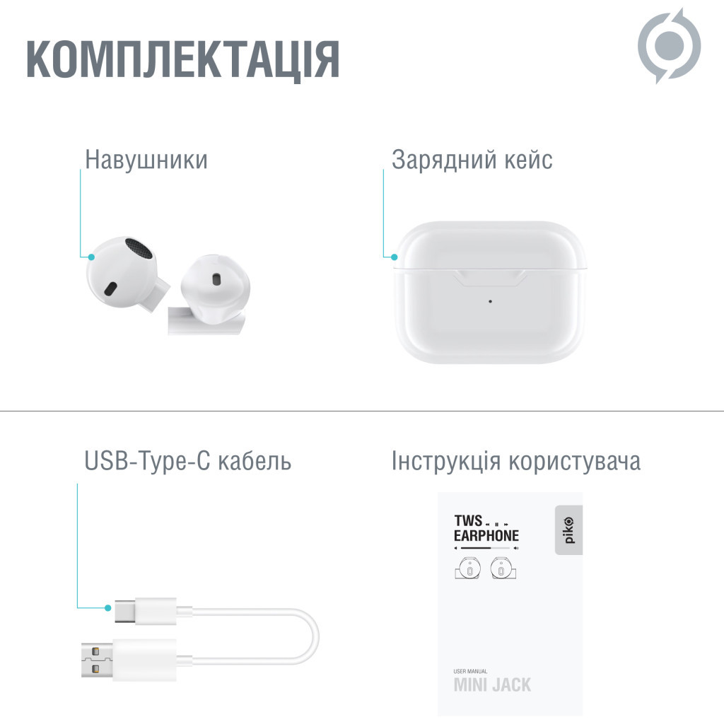 Навушники Piko TWS-MiniJack White (1283126583407)