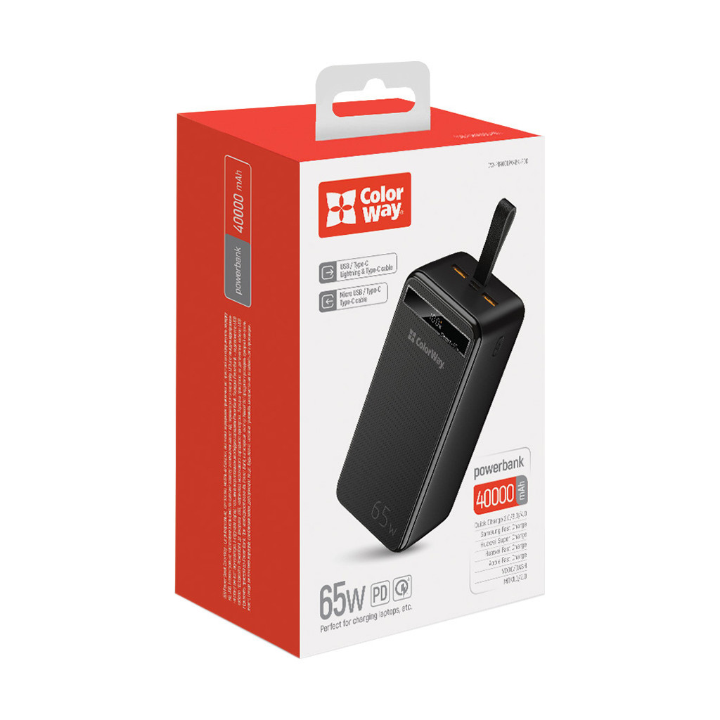 Батарея універсальна ColorWay 40 000 mAh Powerful (USB QC3.0 + USB-C Power Delivery 65W) (CW-PB400LPA4BK-PDD)