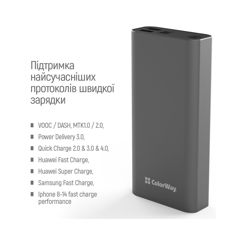 Батарея універсальна ColorWay 20 000 mAh PD/20W, QC/3.0, USB-C/Micro-USB/Lightning/USB-A max.22.5W Gray (CW-PB200LPH3GR-PDD)