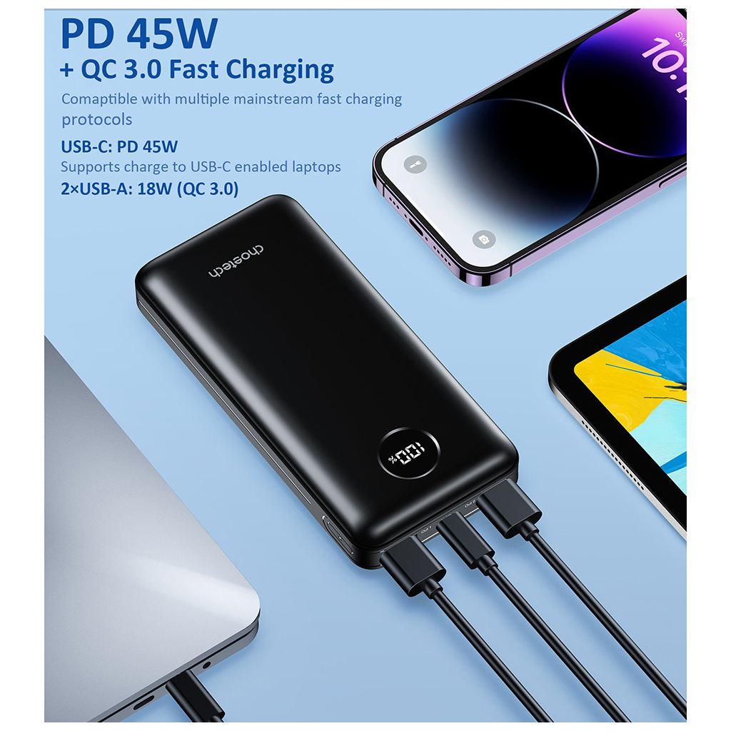 Батарея універсальна Choetech 20000mAh, PD/3.0/45W, QC/3.0/18W, USB-C, 2*USB-A (B653-CCBK / B653-BK)