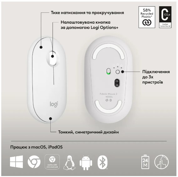 Миша Logitech Pebble Mouse 2 M350s Tonal White (910-007013)