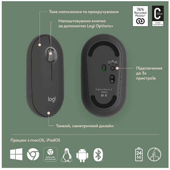 Миша Logitech Pebble Mouse 2 M350s Tonal Graphite (910-007015)