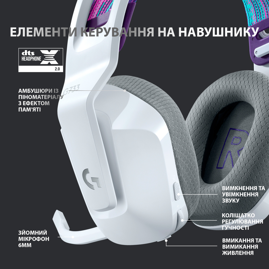 Навушники Logitech G733 Lightspeed Wireless RGB Gaming Headset White (981-000883)