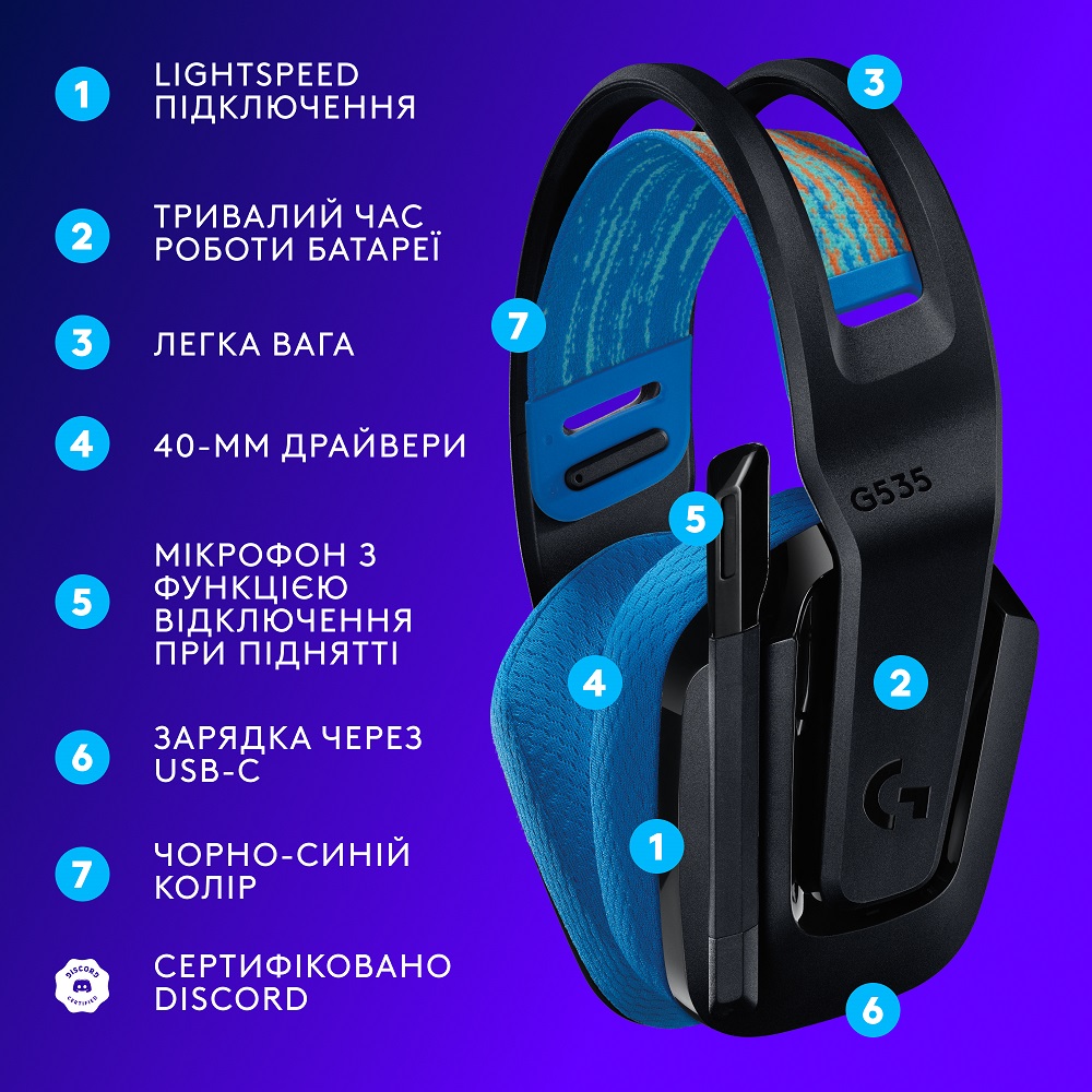 Гарнітура Logitech G535 LIGHTSPEED Wireless, Black (939-002219)