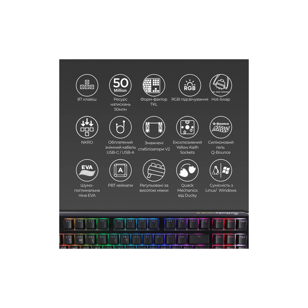 Клавіатура Ducky One 3 TKL Cherry MX Blue RGB UA USB Black (DKON2187ST-CUAPXCLAWSC1)