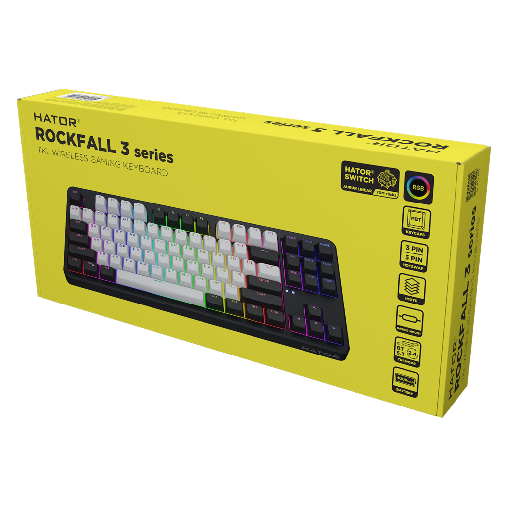 Клавіатура Hator Rockfall 3 Mecha TKL QMK/VIA Orange Wireless Black (HTK850UA)