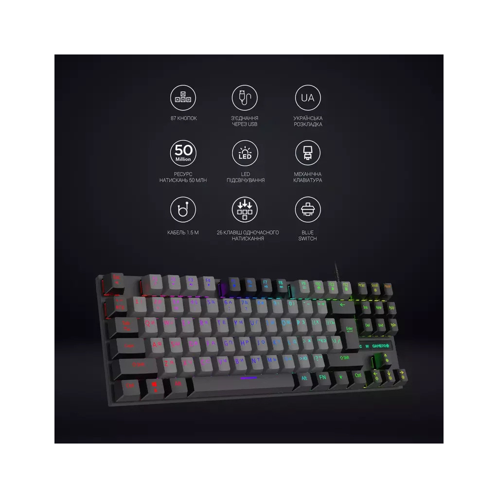 Клавіатура GamePro MK100B Blue Switch LED USB Black (MK100B)
