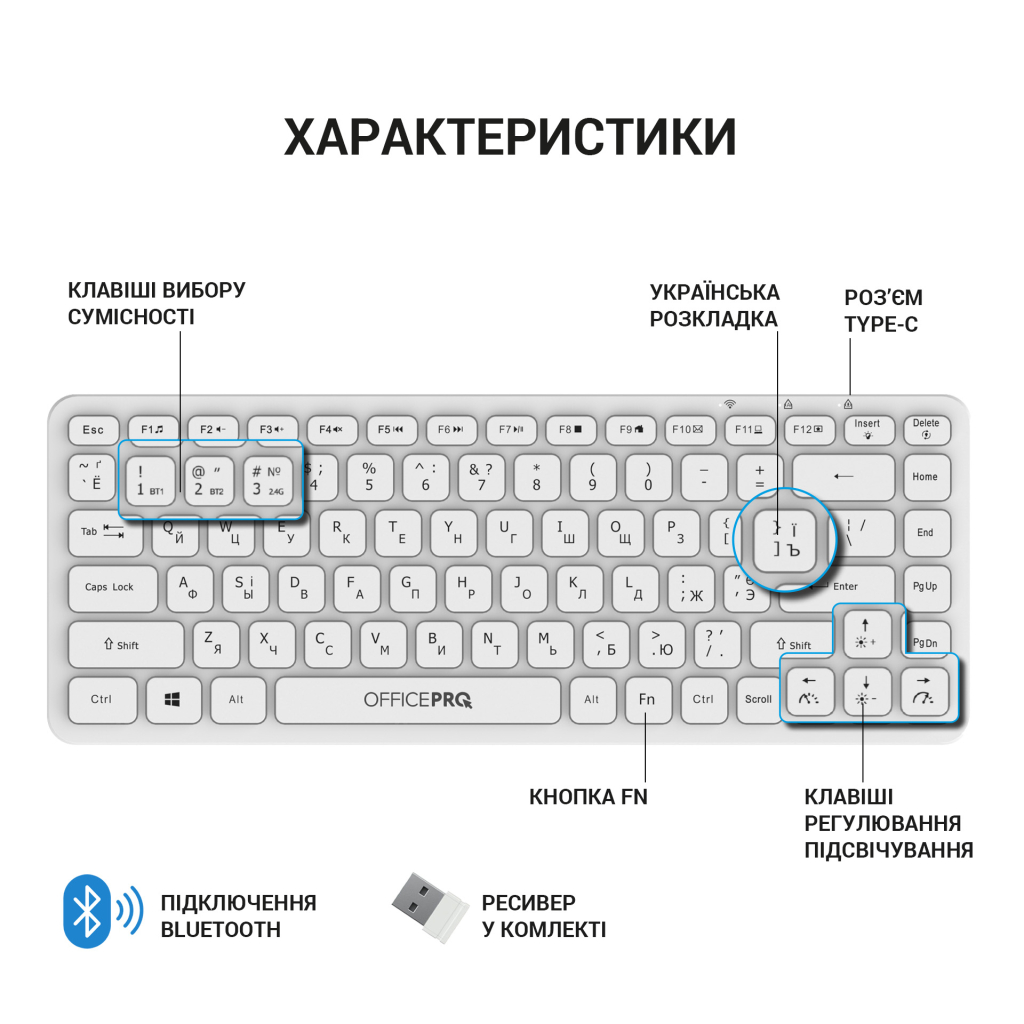 Клавіатура OfficePro SK790W Wireless/Bluetooth White (SK790W)