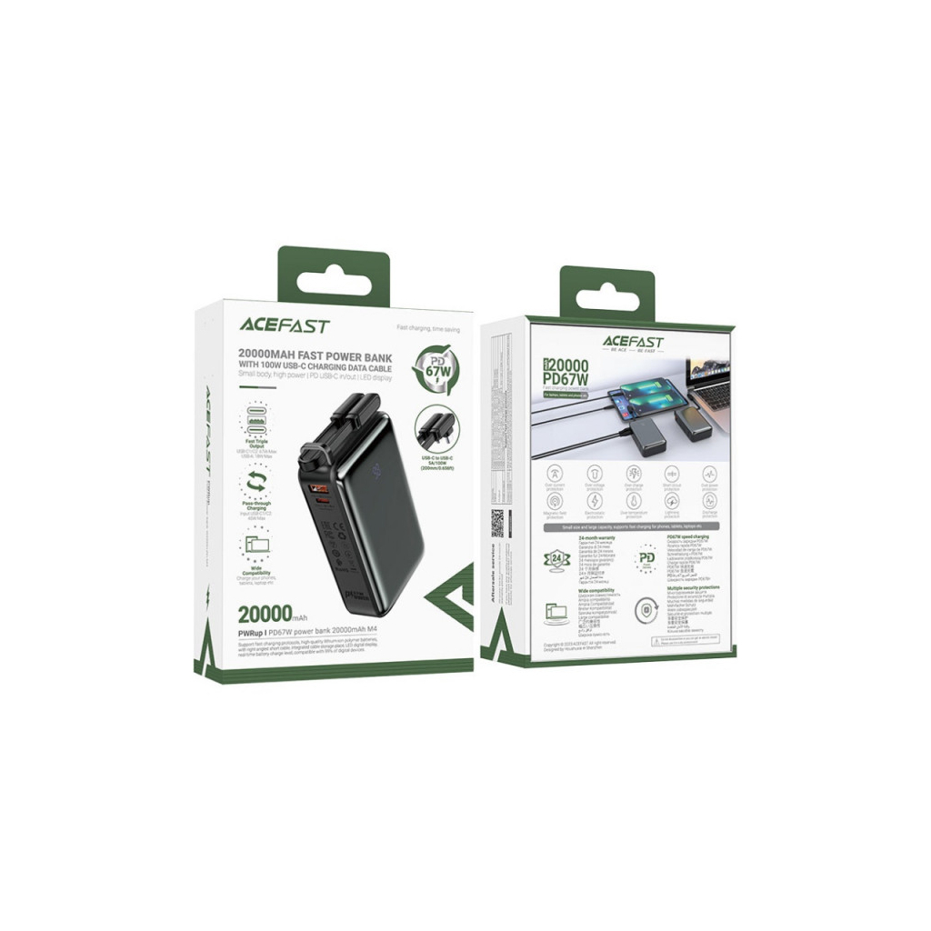 Батарея універсальна Acefast 20000mAh 67W PD/3.0, 20В/3.35A Type-C, USB-A, with cable, Li-ion M4 Black (6974316282723)