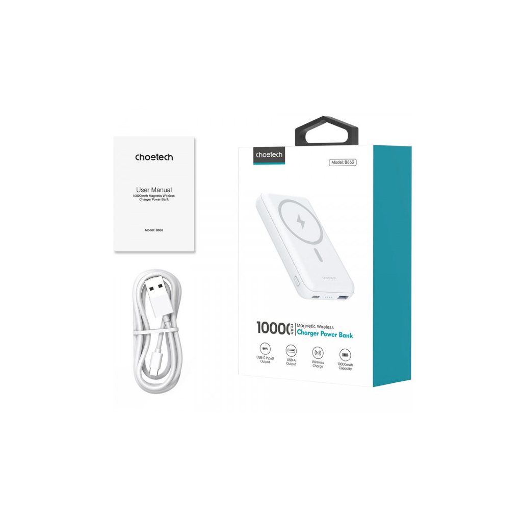 Батарея універсальна Choetech Magnetic Wireless 10000mAh 20W, PD,QC/3.0, USB-A, USB-C, White (B663-ACWH)