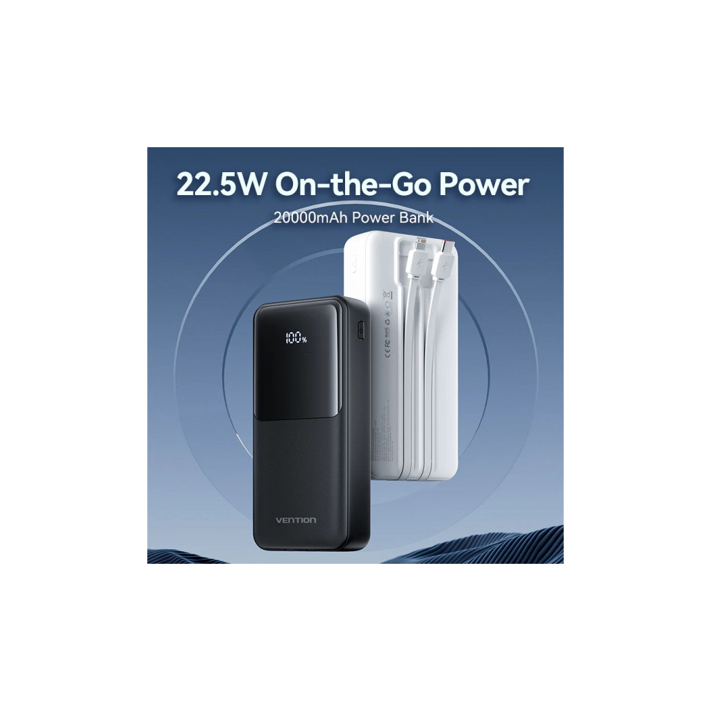 Батарея універсальна Vention 20000mAh 22.5W 3A, PD, QC/3.0, Built-in USB-C+Lightning Cables, White (FHPW0)