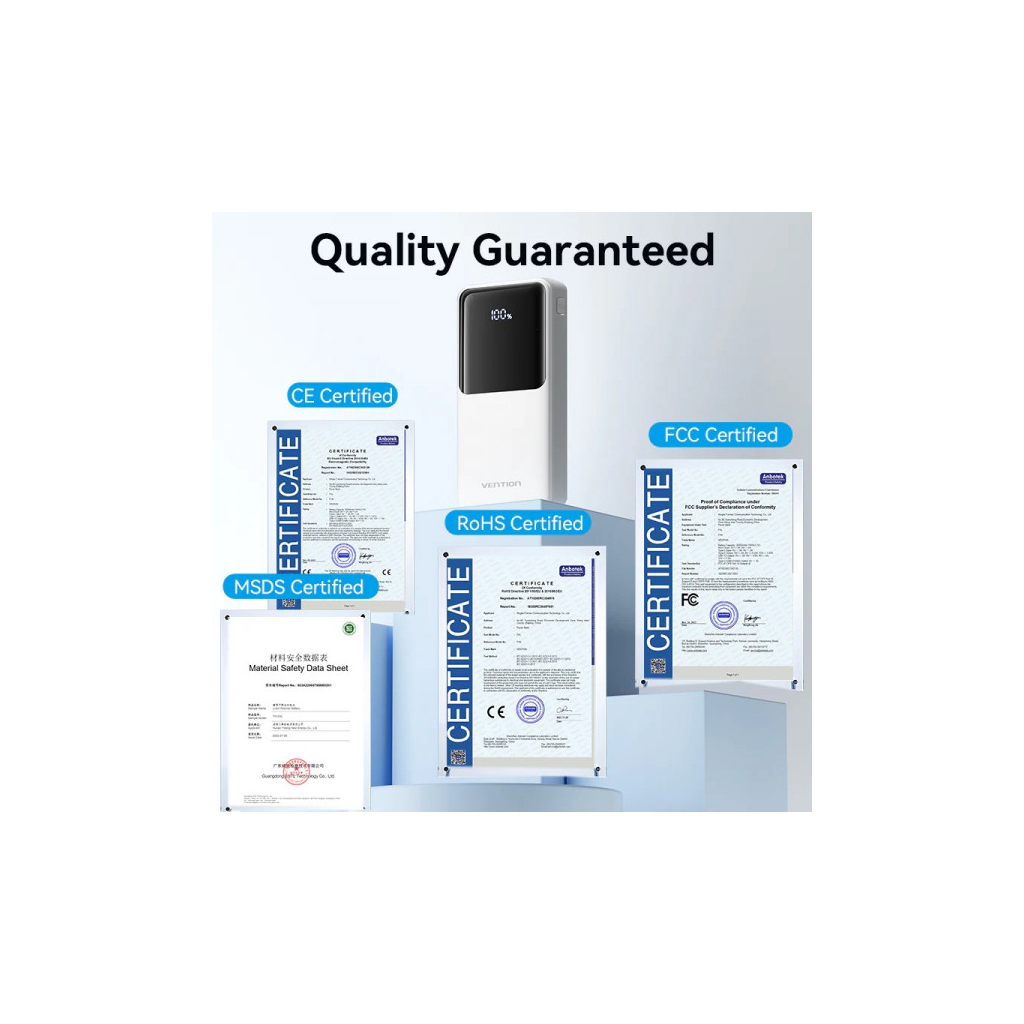 Батарея універсальна Vention 20000mAh 22.5W 3A, PD, QC/3.0, Built-in USB-C+Lightning Cables, White (FHPW0)