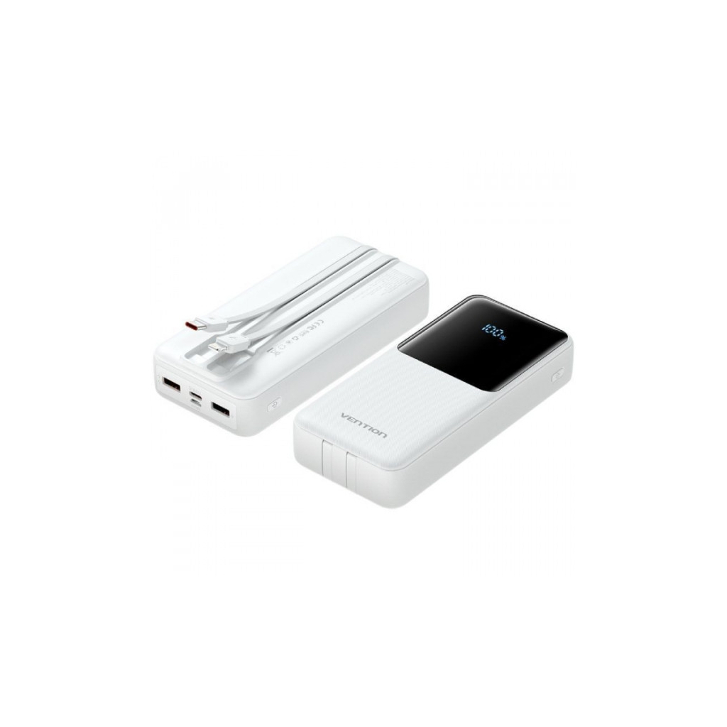 Батарея універсальна Vention 20000mAh 22.5W 3A, PD, QC/3.0, Built-in USB-C+Lightning Cables, White (FHPW0)